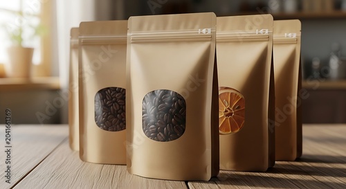 Kraft Coffee Bean Pouches Arranged on Wooden Table in Warm Kitchen