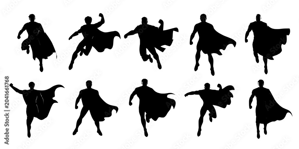 Fototapeta premium Superheroes black silhouette set with dynamic poses and flowing capes on white background featuring superhero, comic, comic book with hero and heroes