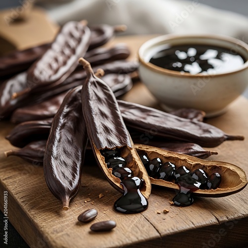 Glossy Carob Pods and Dark Syrup Arranged on Rustic Wooden Table