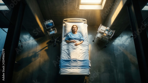 Patient Laying In Hospital Bed With Dramatic Lighting Perspective and Medical Equipment