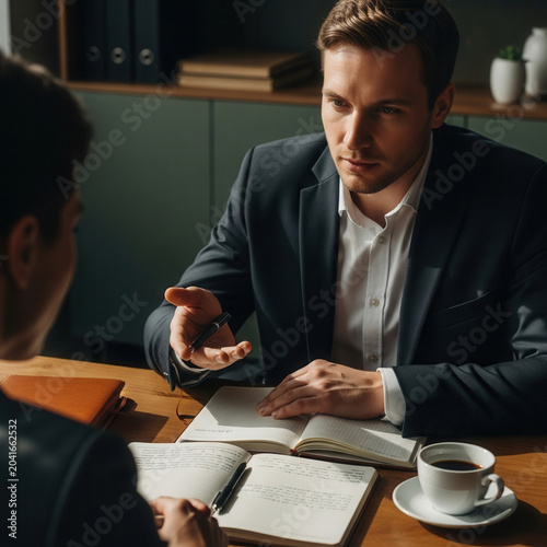 Professional Business Meeting Discussing Plans and Ideas Involving Note Taking and Coffee