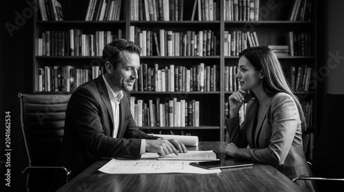 Professional Business Meeting Discussing Plans and Ideas In Front of Bookshelf