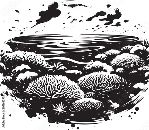 Stylized black and white depiction of coral reef ecosystem illus