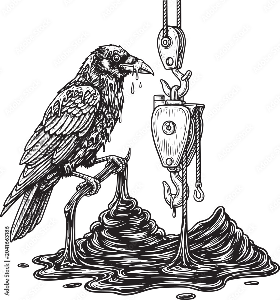 Fototapeta premium Engraved Raven with Crane and Viscous Black Substance Illustrati