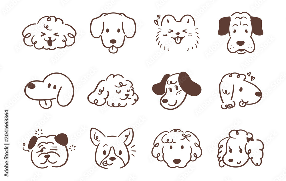 Obraz premium A collection of various cute hand-drawn puppy faces. Simple line-drawn dog illustrations.