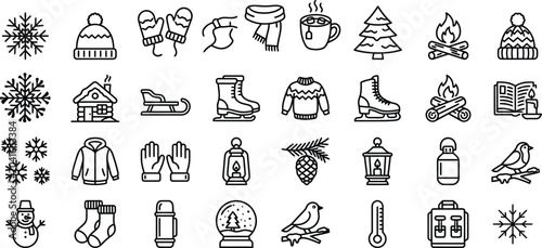 Schilderij op canvas Winter Holiday Icons Set Snow Christmas Symbols Cozy Season Celebration Vector