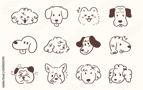 A collection of various cute hand-drawn puppy faces. Simple line-drawn dog illustrations.