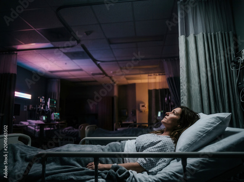 Patient Recovers in Modern Hospital Room Awaiting Medical Procedure and Care