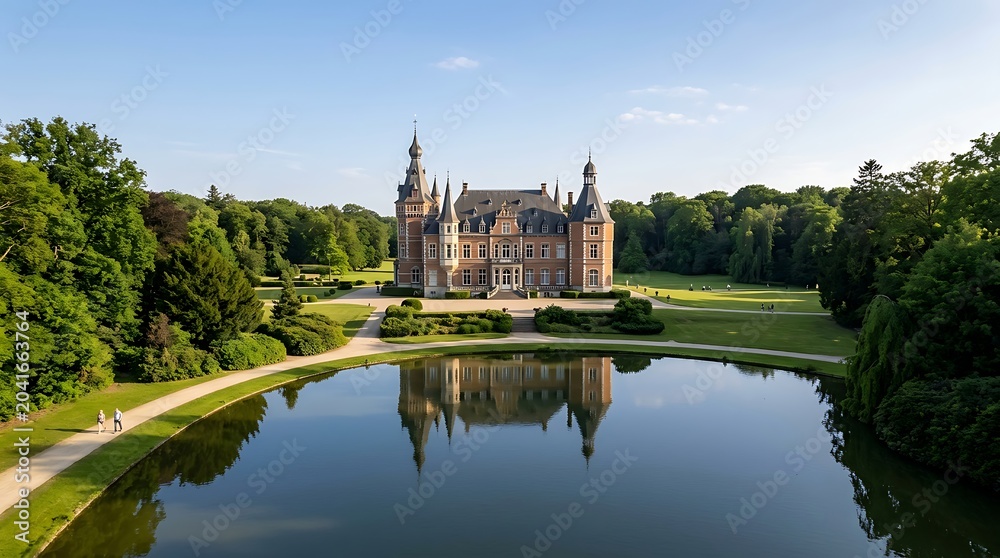 Obraz premium Elegant Historic Castle Reflected in Calm Lake Surrounded by Green Parkland