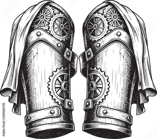 Engraved illustration of two steampunk style arm guards with gea