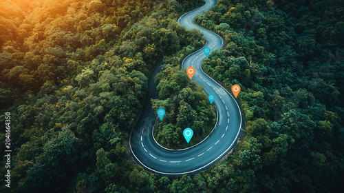 High-angle aerial view of a winding road cutting through dense green forest with digital location pin markers. Concept of navigation, GPS tracking, route planning, travel technology, transportation, l