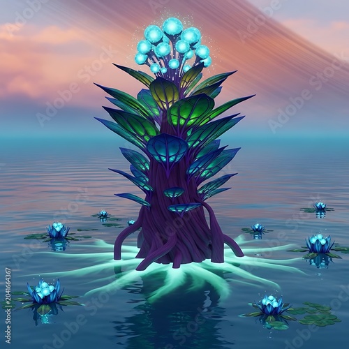 Glowing Fantasy Water Plant Rising From Calm Lake at Colorful Sunset