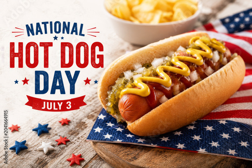 American hot dog with relish and mustard for National Hot Dog Day celebration.