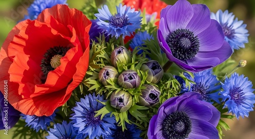 Colorful Red Purple and Blue Wildflower Bouquet Blooming in Sunlit Garden