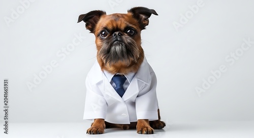 Small Brown Dog Wearing White Doctor Coat and Blue Tie in Studio