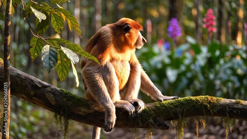 Proboscis monkey perched on a tree branch in a rainforest observing its surroundings during golden hour sunshine
