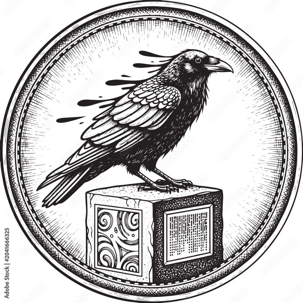 Obraz premium Engraved Raven on Cube with Intricate Designs within Circular Fr