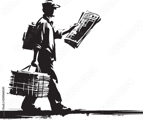 Abstract delivery man with newspaper silhouette in monochrome su