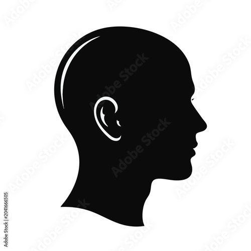 Black silhouette, human head, side profile, bald, vector icon, minimalist design, profile view, face outline