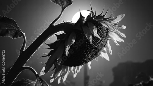 Black and White Sunflower in Sunlight with Detailed Focus on Seed Head and Petals, Dramatic Composition