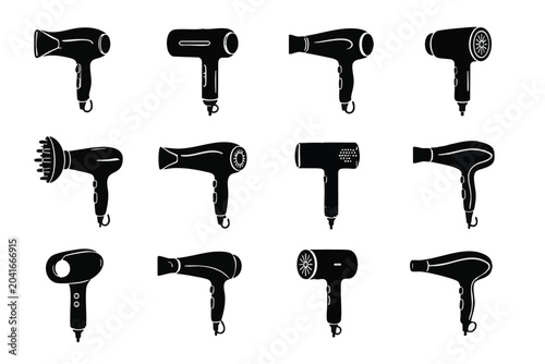 Hair dryer icons, black hairdryer silhouettes, vector hair care tools, beauty equipment set