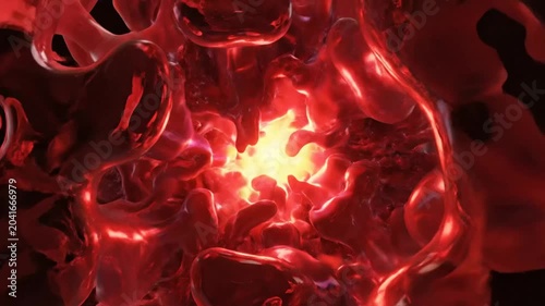 Abstract red liquid flowing through a glowing center, surreal organic visuals, dynamic and vibrant animation