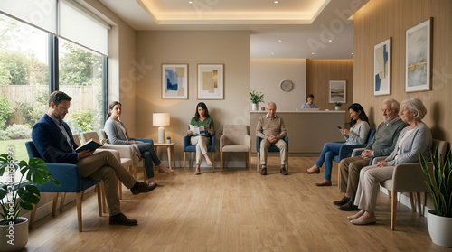 People Waiting in Modern Waiting Room, Reading, Relaxing, and Using Technology
