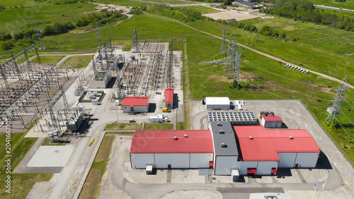 Photos Aerial view of a modern high voltage electrical substation converting power for