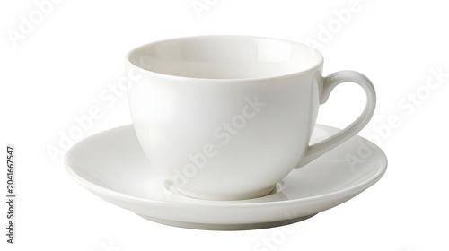 White ceramic coffee cup and saucer on plain background transparent background