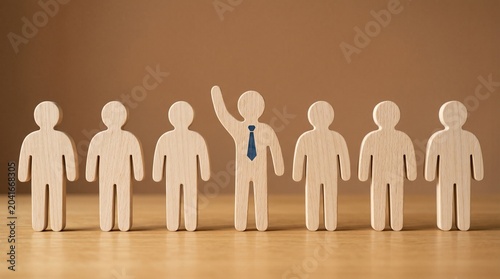 : Six Wooden Figure Cutouts in a Line with Center Leader Raising Arm and Wearing Blue Tie