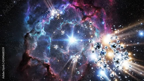 Abstract cosmic nebula with bright star in the center and sparkling celestial bodies, digital artwork