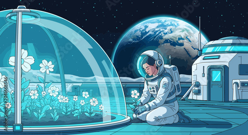 Astronaut Tending Space Garden with Earth View