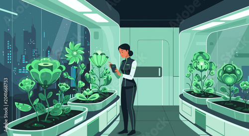 Scientist Tending Futuristic Indoor Plant Room with Smart Technology