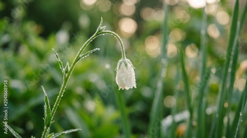 : White BellShaped Drooping Flower with Dew Droplets and Green Bokeh Background