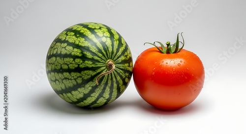 Fresh Watermelon and Red Tomato Arranged on Clean White Studio Background