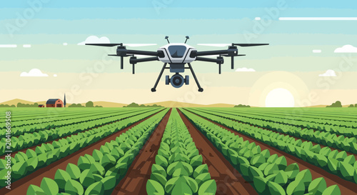 Foto Modern Drone Flying Over Green Agricultural Field at Sunrise, Technology in Farm