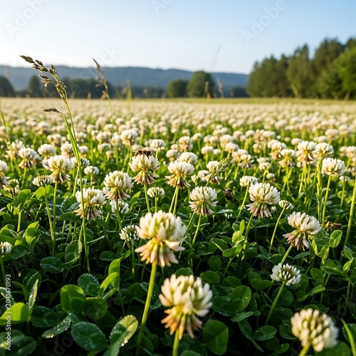 White Clover Flowers Blooming in Sunlit Meadow with Forest and Hills