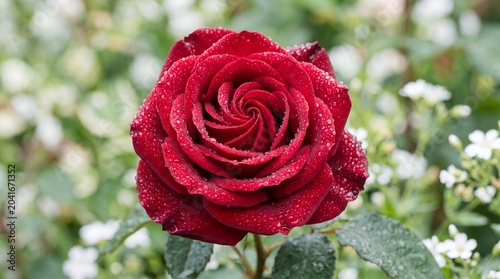 Dark Red Rose in Full Bloom with Water Droplets Close-Up