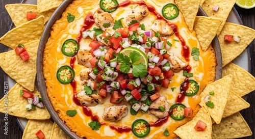 Colorful Chicken Queso Dip Topped with Pico De Gallo and Tortilla Chips on Wooden Table