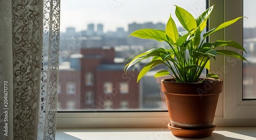 Green Potted Houseplant Sitting on Sunny Windowsill with Urban View