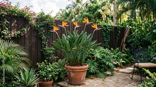 Bird of Paradise Plant with Orange Blue Flowers in Terracotta Pot on Patio