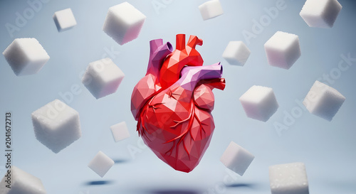 Red geometric human heart floating among falling white sugar cubes.