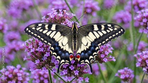  Swallowtail butterfly with black yellow wings on purple flowers