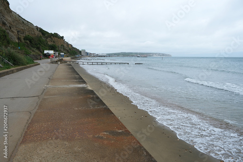 Coastal Revetment Path and Sandy Beach with Distant Pier and Headland View, Sandown