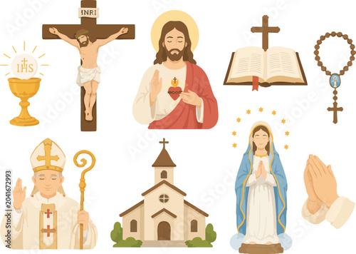 Tableau sur toile Catholic Faith Symbols Set with Jesus Christ, Holy Bible, Cross, Holy Spirit, Ch