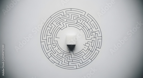White sugar cube at center of complex circular labyrinth maze.
