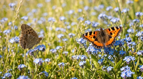 Two butterflies perched on blue flowers in sunny meadow