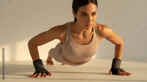 Determined woman performing pushups on a yoga mat with focused intensity during workout