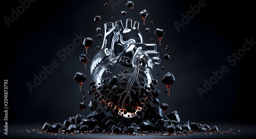 Anatomical heart formed from dark crystals shattering into pieces.