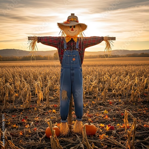 Cheerful Straw Scarecrow Standing in Harvested Corn Field at Sunset